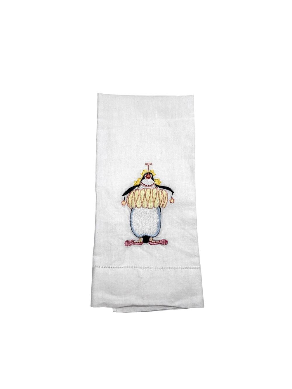 Vintage 90s Peking Handicraft Penguin Embroidered Guest Towel White Cotton Poly